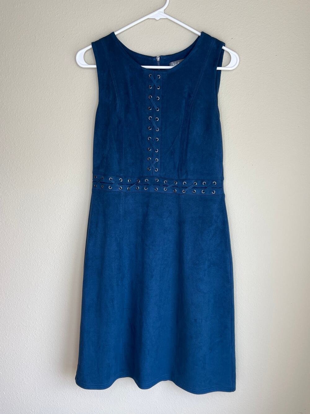 Neiman Marcus 6 Blue Faux Vegan Suede Grommet Studded Sleeveless Sheath Dress